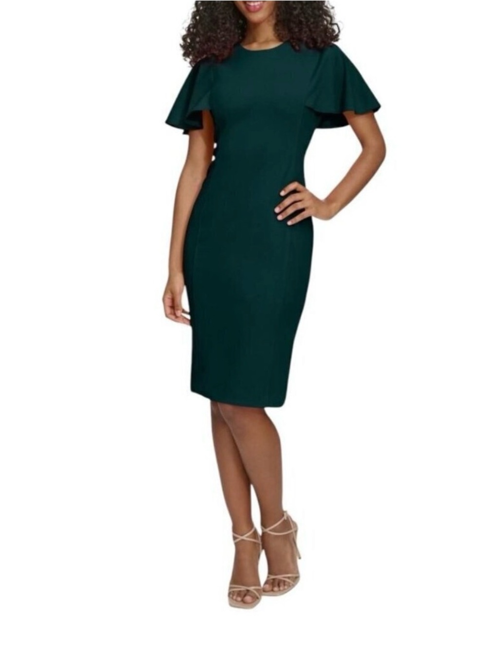 Calvin Klein Emerald Green Flutter-Sleeve Midi Dress